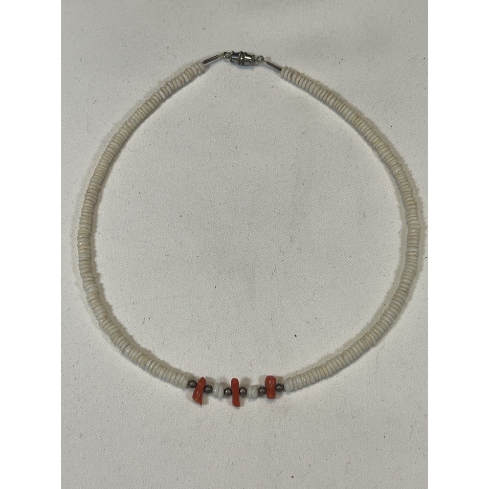 VNG Pukka Shell and Red Coral Bead Necklace Handmade 16" Beach Boho Island